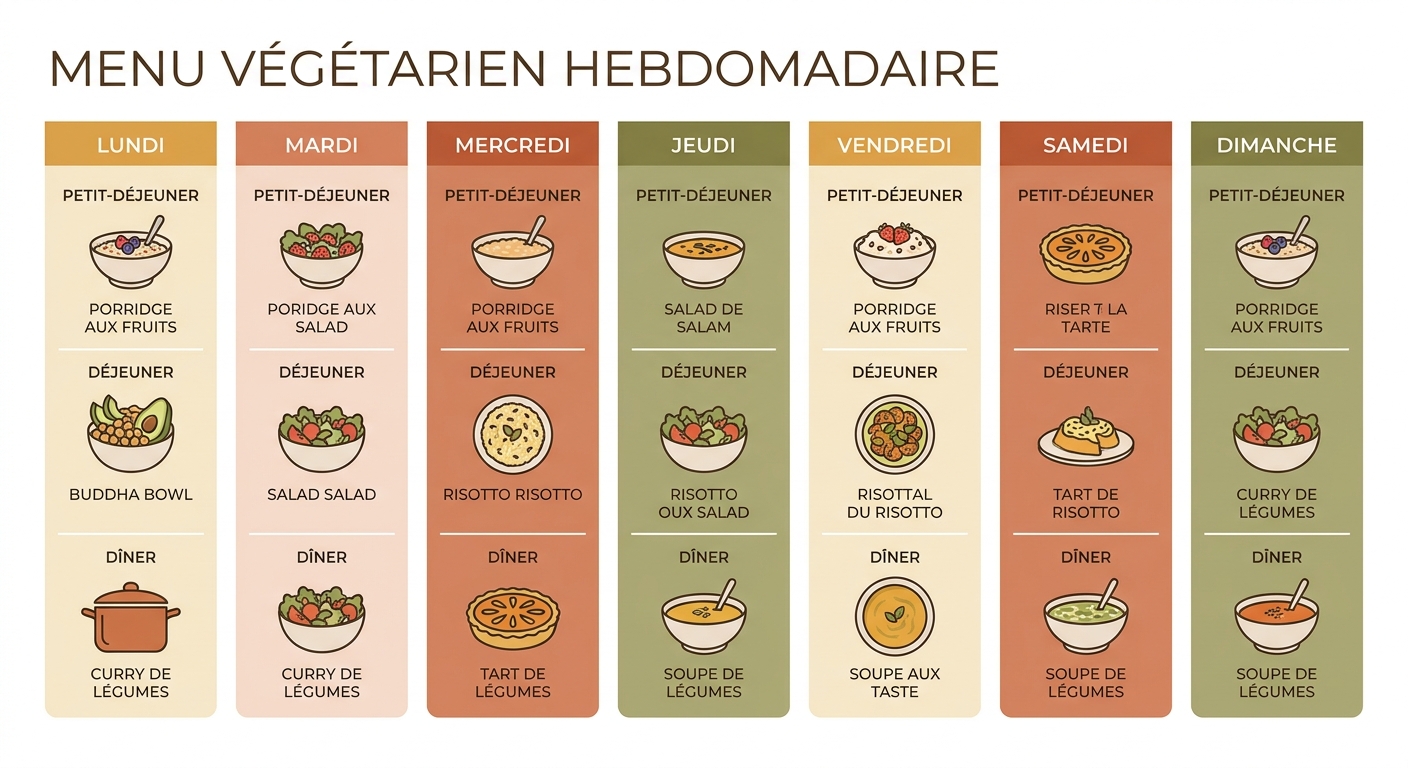 Calendrier visuel du plan repas végétarien semaine type