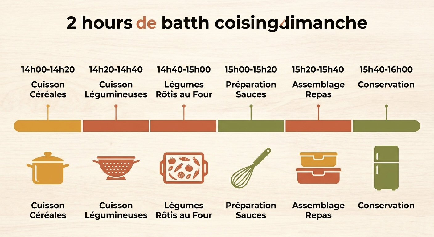 Infographie de la timeline batch cooking végétarien 2 heures