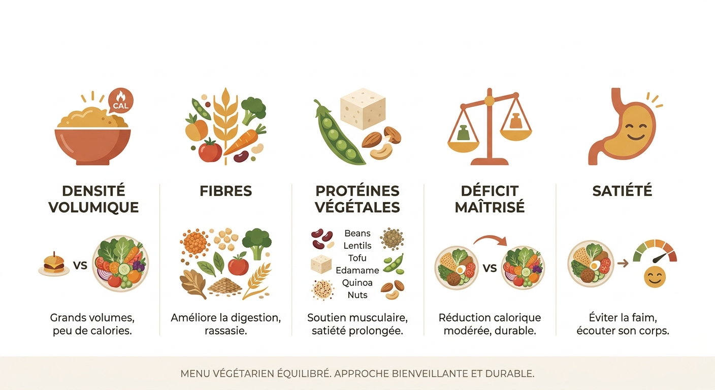 Infographie des 5 leviers de perte de poids durable avec un menu végétarien semaine