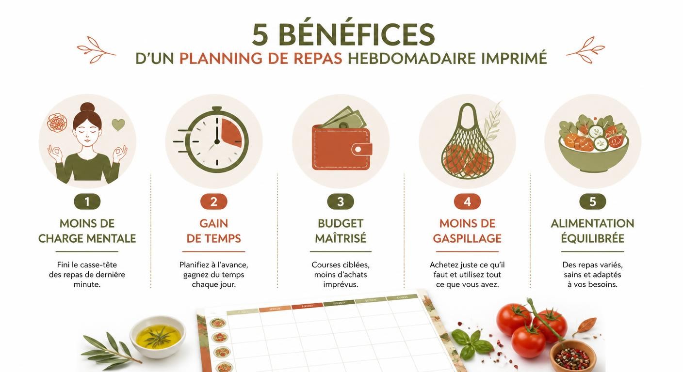 Infographie des 5 bénéfices d'un planning repas hebdomadaire à imprimer