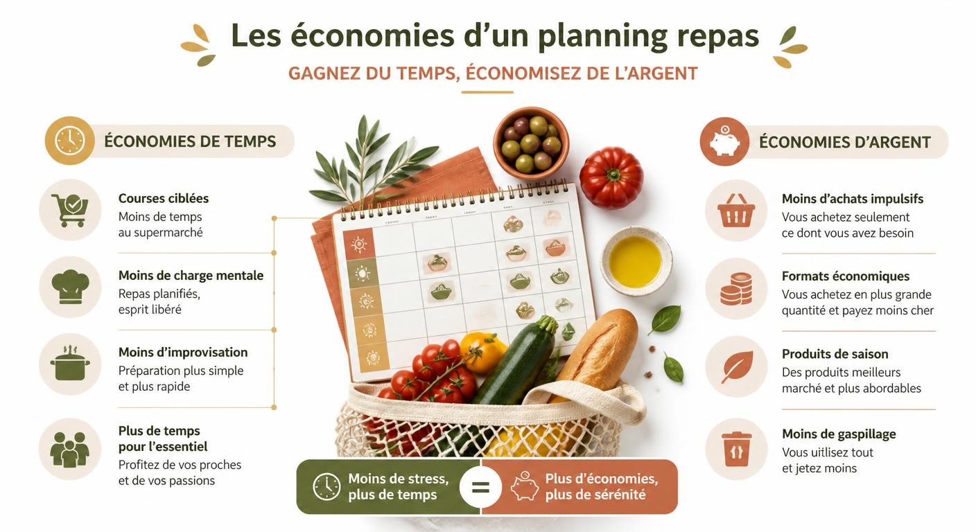 Infographie sur le gain de temps et d'argent avec un planning repas semaine