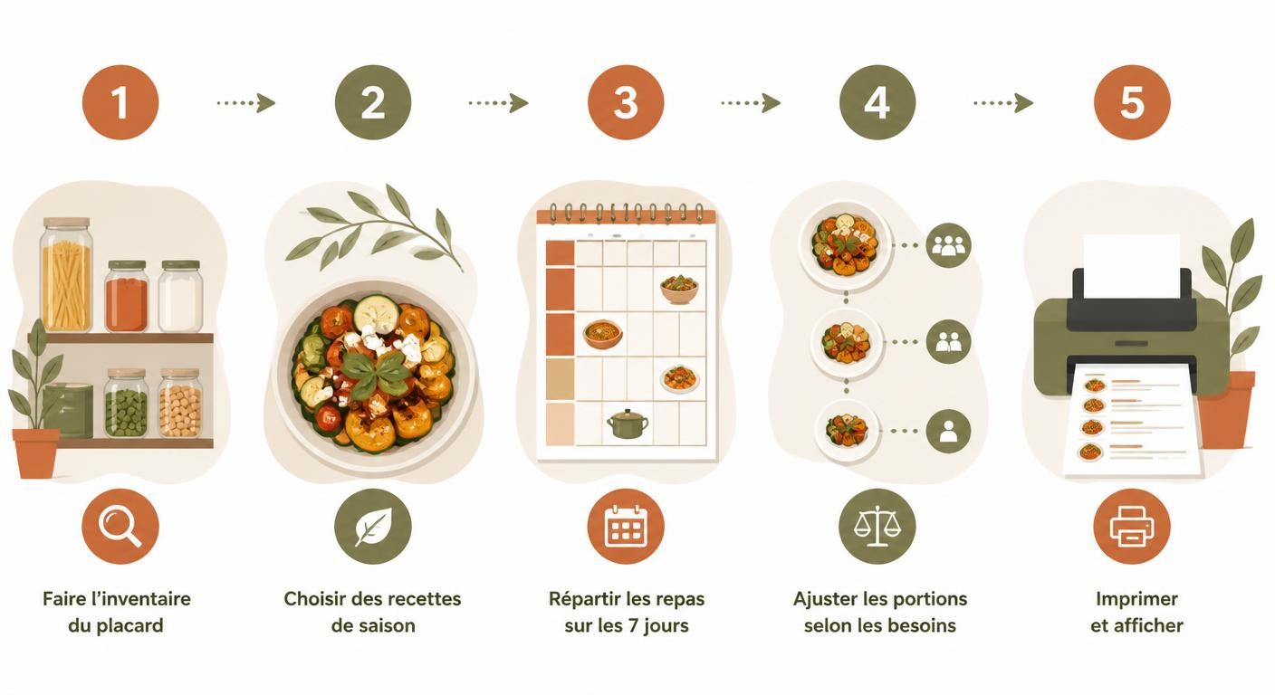 Infographie des 5 étapes pour créer un planning repas semaine à imprimer gratuit