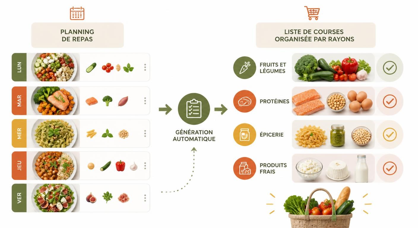 Infographie liant planning repas et liste de courses par rayon