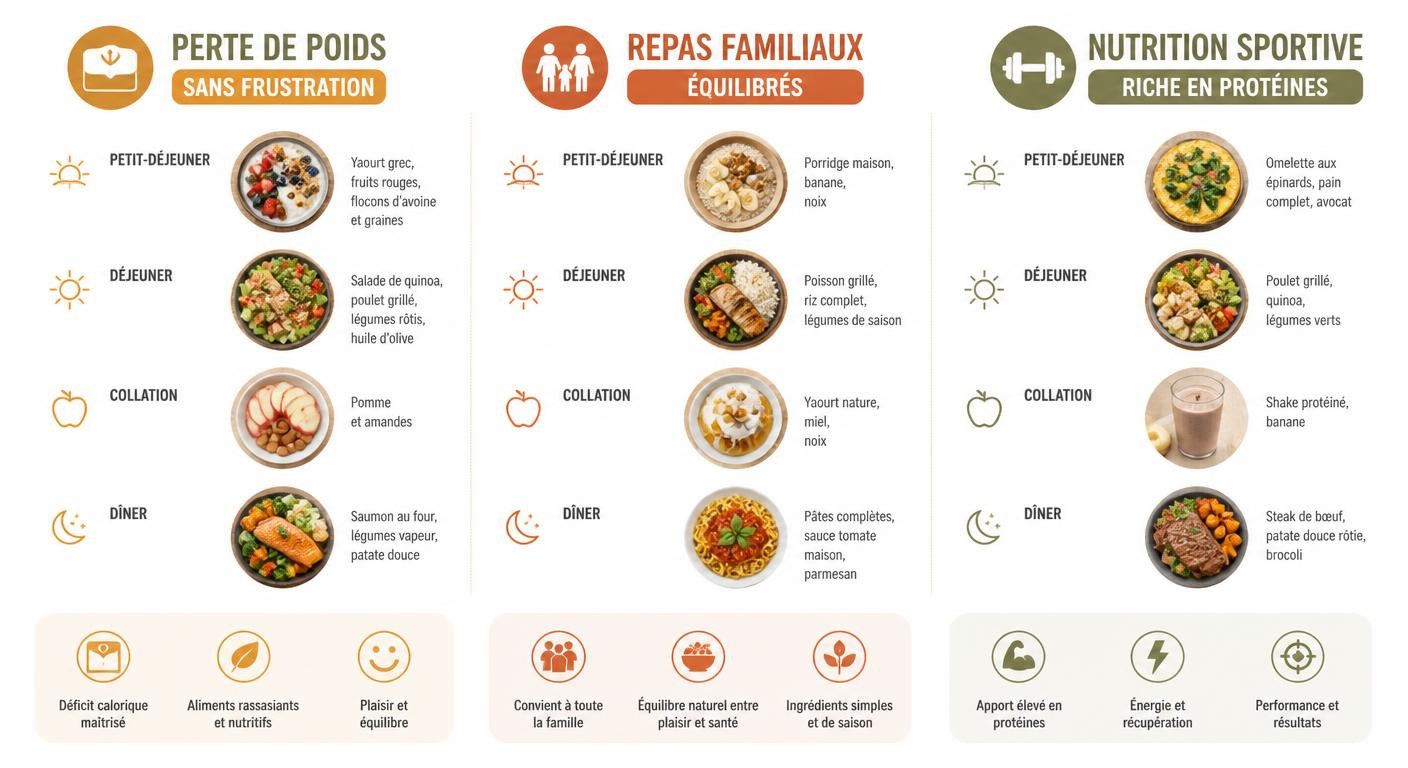 Infographie comparant un planning repas minceur, familial et sportif