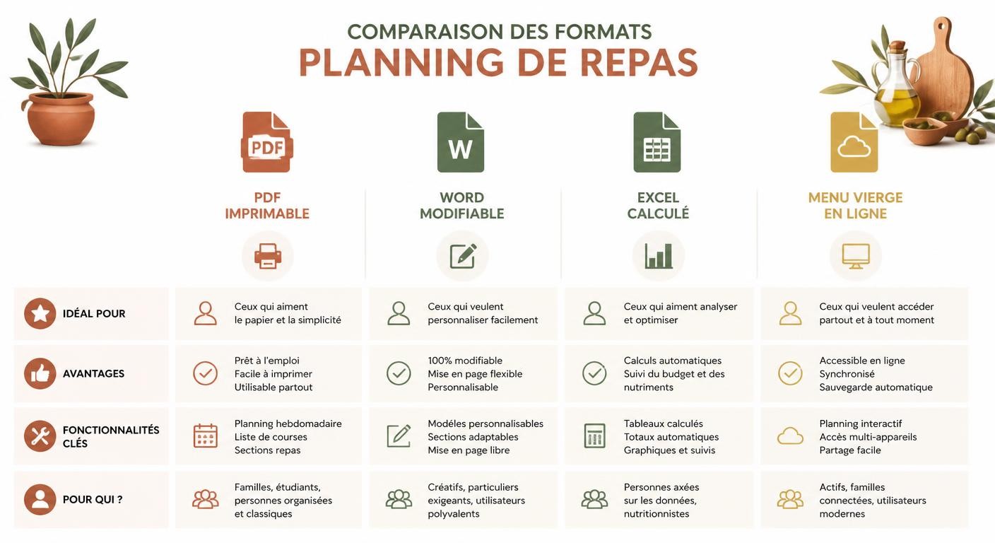 Infographie comparant les formats PDF, Word, Excel et en ligne d'un planning repas