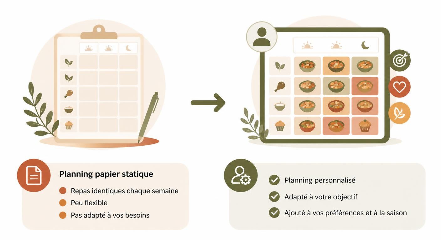 Infographie montrant le passage du planning papier au coaching nutritionnel personnalisé