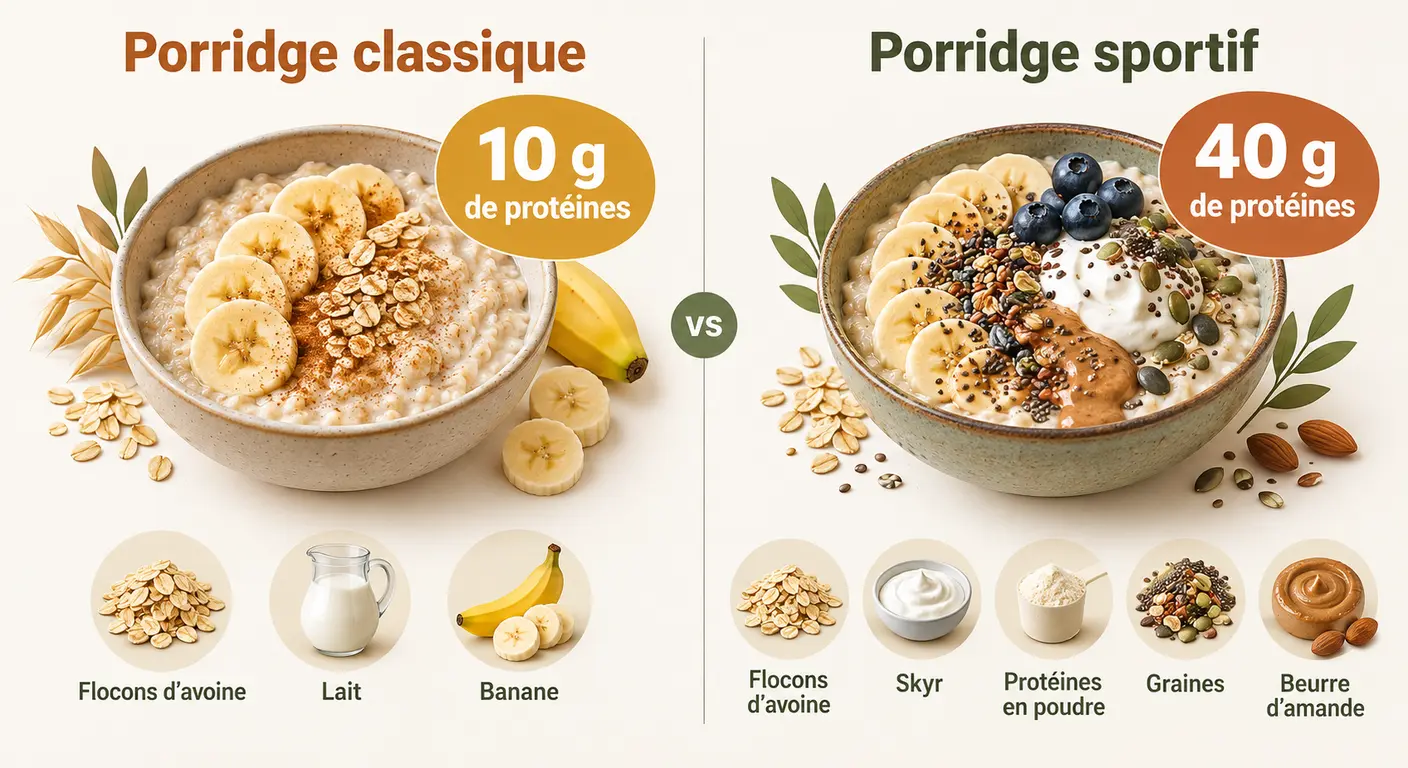 Porridge classique et porridge calibré pour sportif comparés en protéines