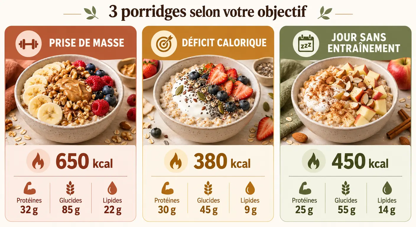 Comparatif des trois versions calibrées du porridge protéiné