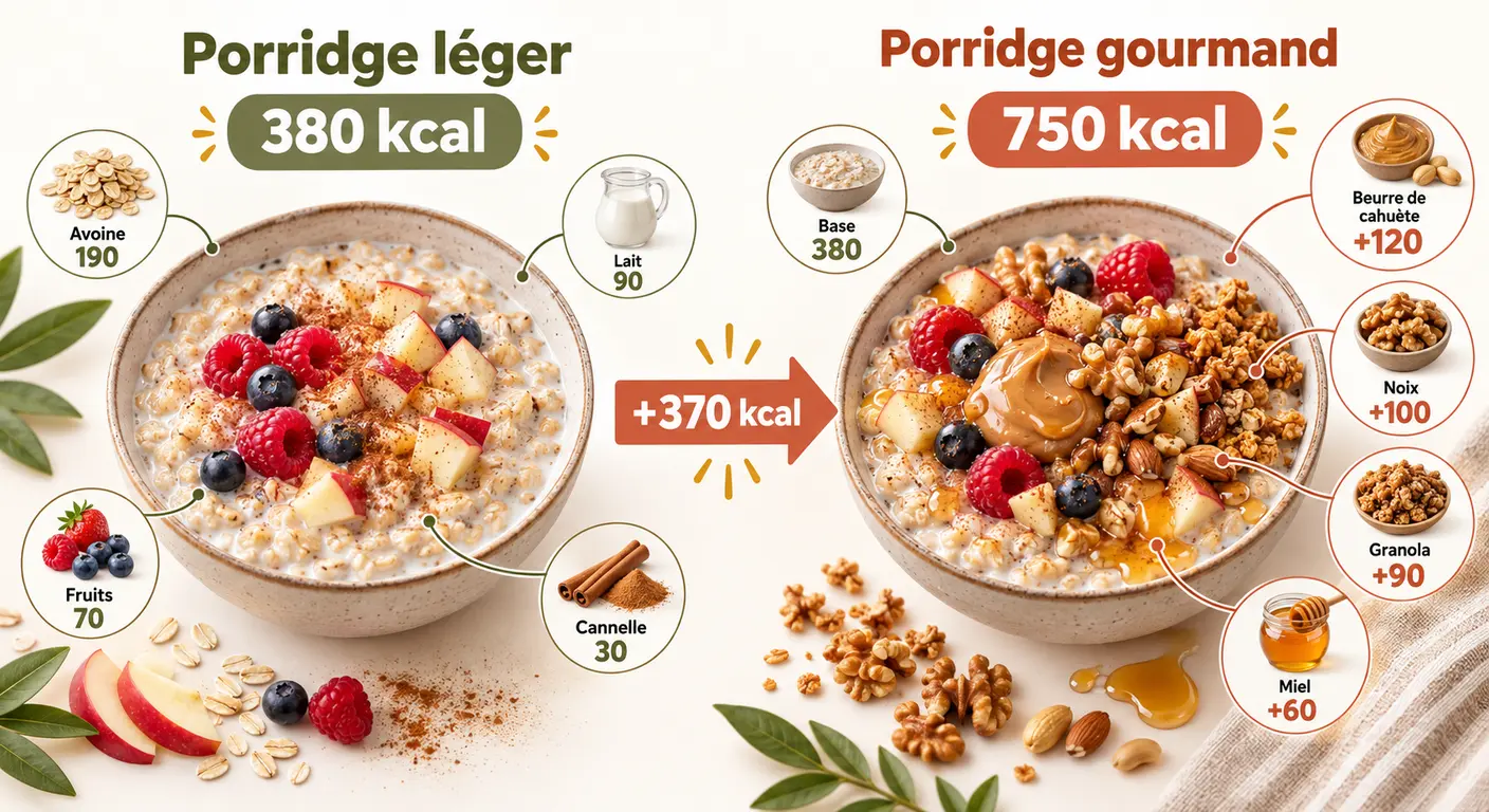 Le même porridge à 380 et à 750 calories selon les garnitures