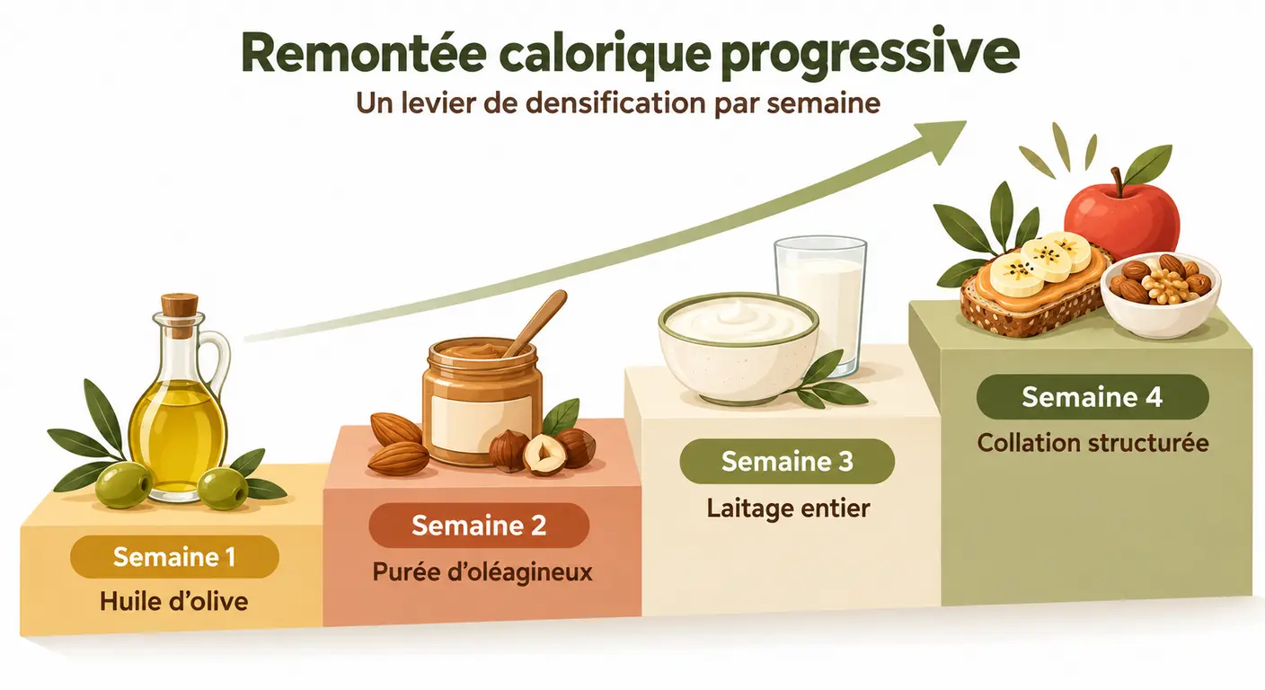 Remontée calorique progressive sur quatre semaines et leviers de densification