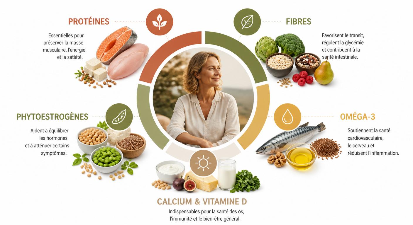Infographie des cinq familles d'aliments à privilégier pour limiter la prise de poids à la ménopause