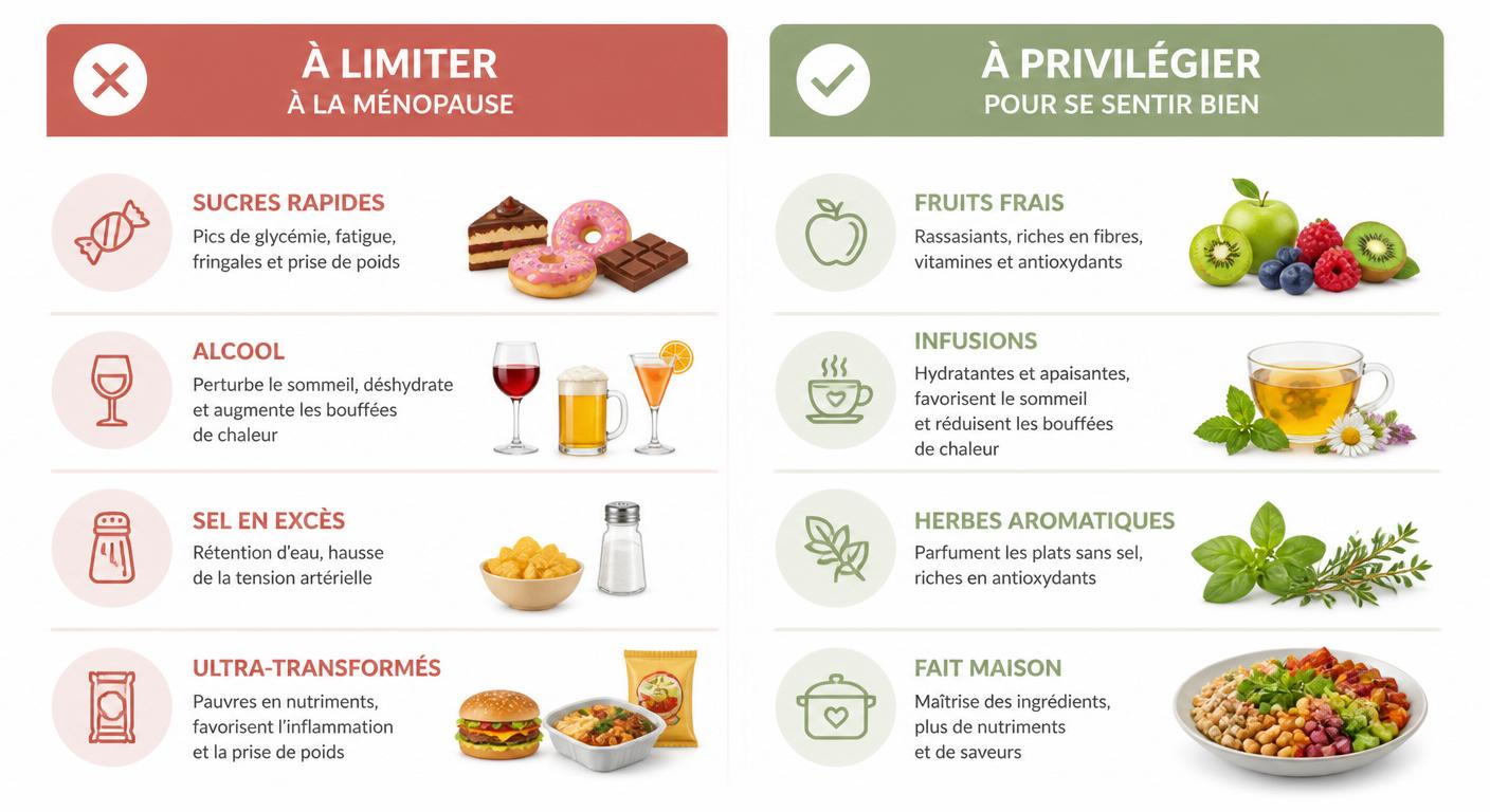 Infographie comparative des aliments à limiter à la ménopause et de leurs substitutions saines