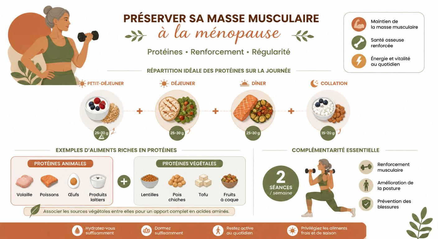 Infographie sur la préservation de la masse musculaire à la ménopause grâce aux protéines et au renforcement