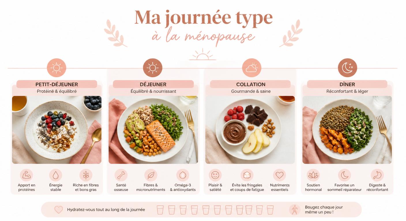 Infographie d'une journée type d'alimentation ménopause structurée du petit-déjeuner au dîner