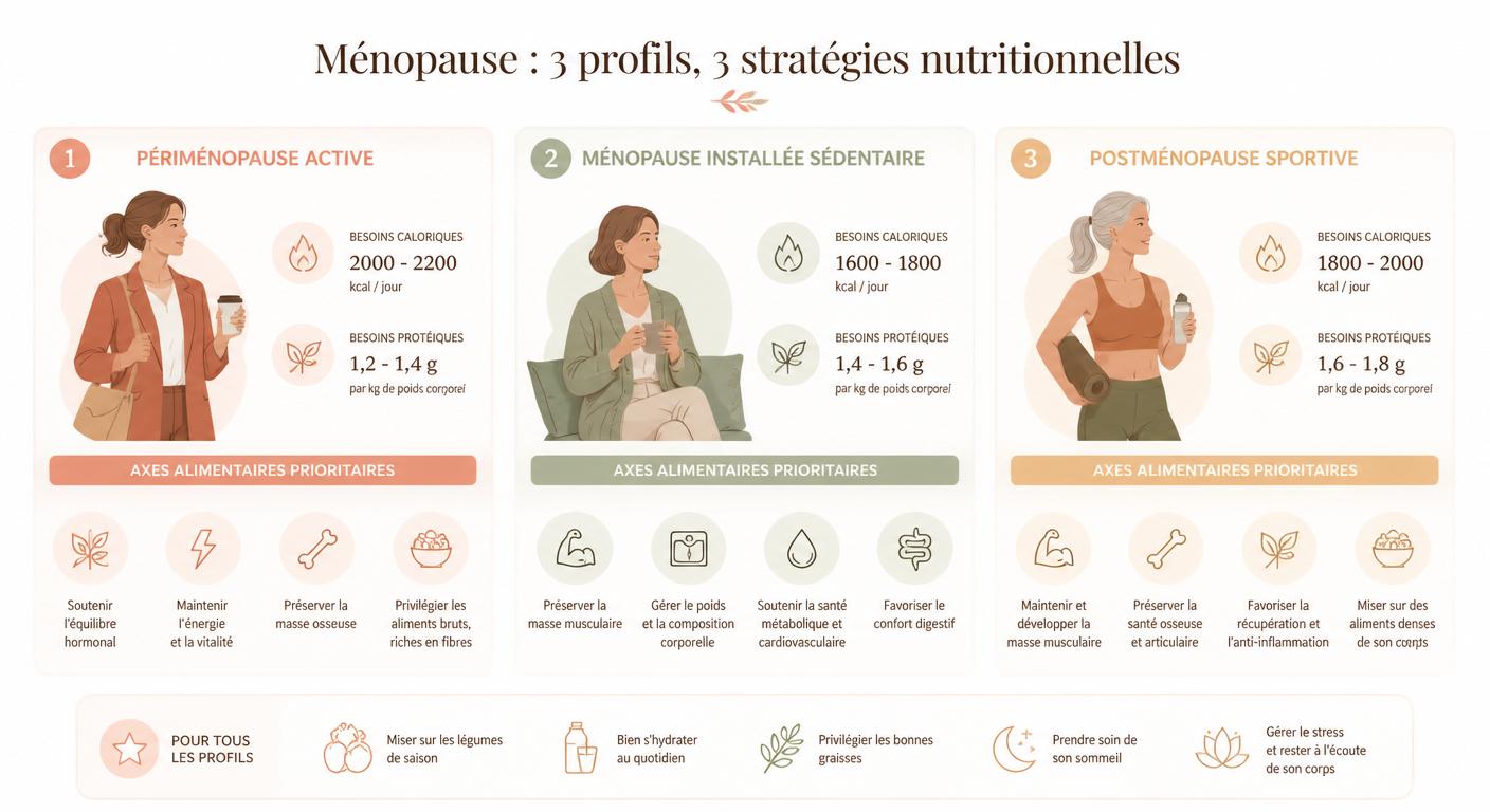 Infographie comparant trois profils ménopausiques et leurs stratégies alimentaires personnalisées