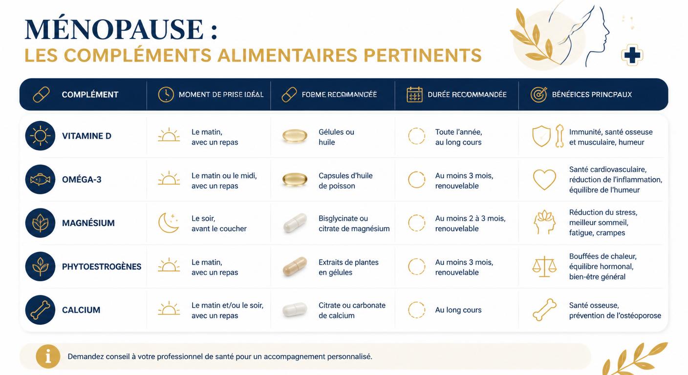 Infographie des compléments alimentaires utiles à la ménopause avec moment de prise et forme recommandée