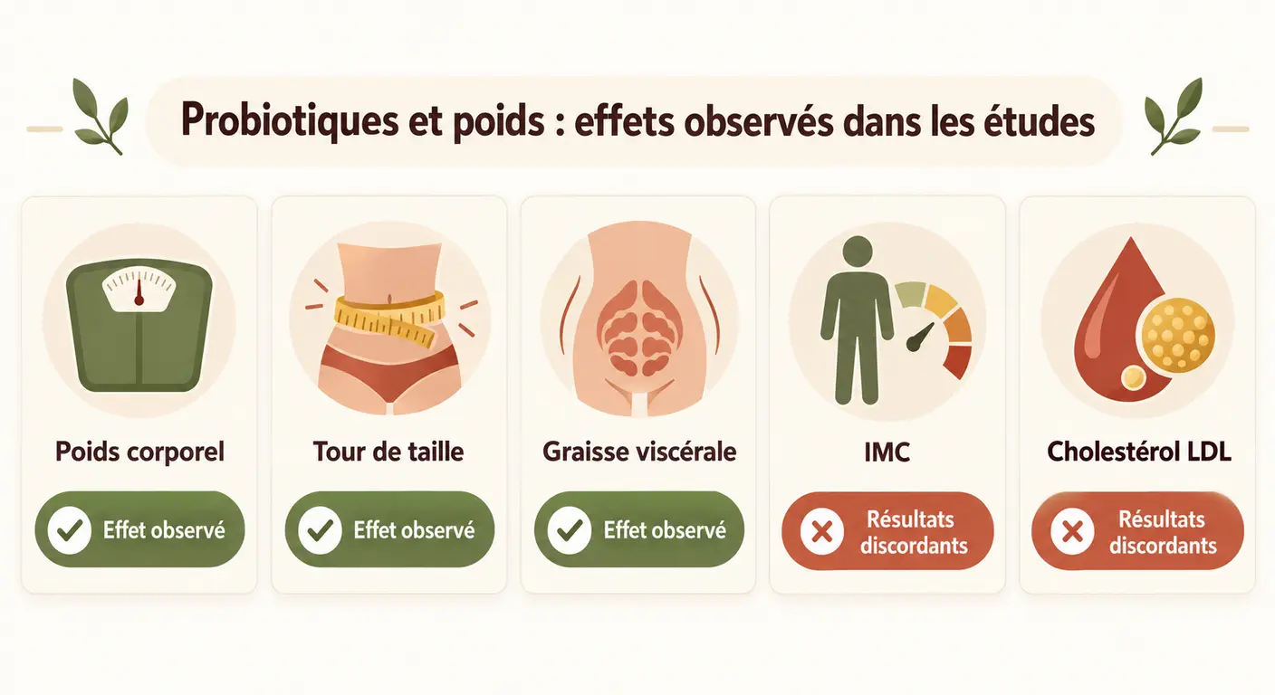 Infographie des paramètres mesurés dans les études sur les probiotiques et la perte de poids