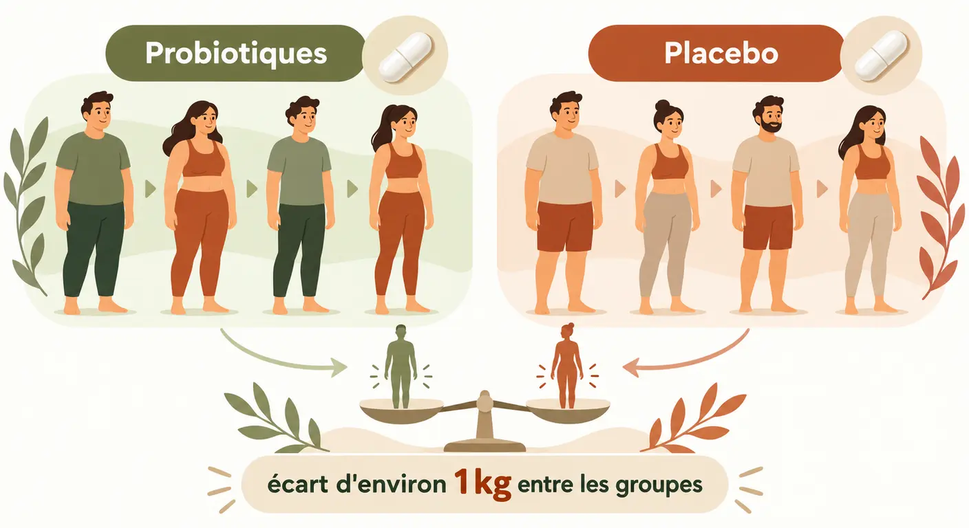 Infographie expliquant l'écart d'environ un kilo contre placebo dans les essais sur les probiotiques
