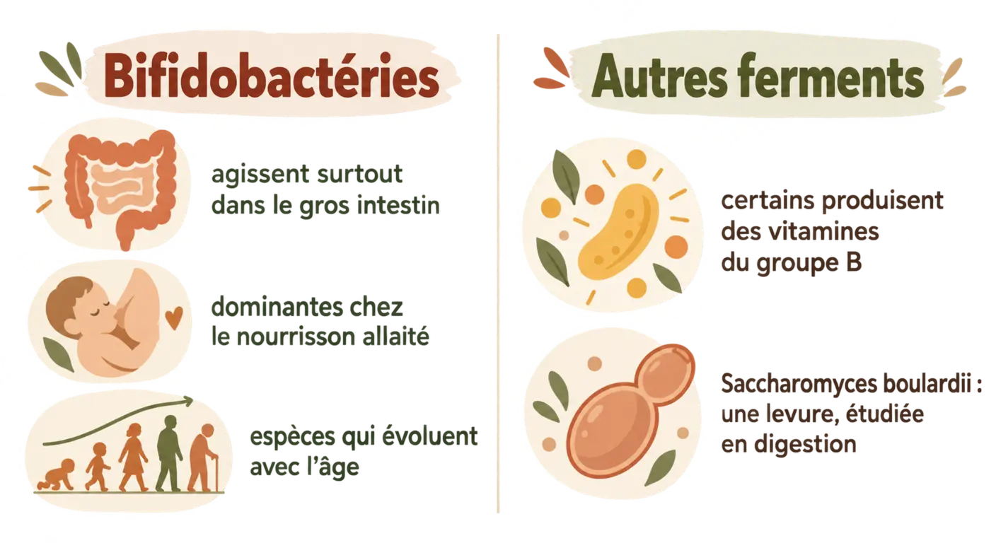 Infographie des rôles documentés des bifidobactéries et des autres ferments étudiés