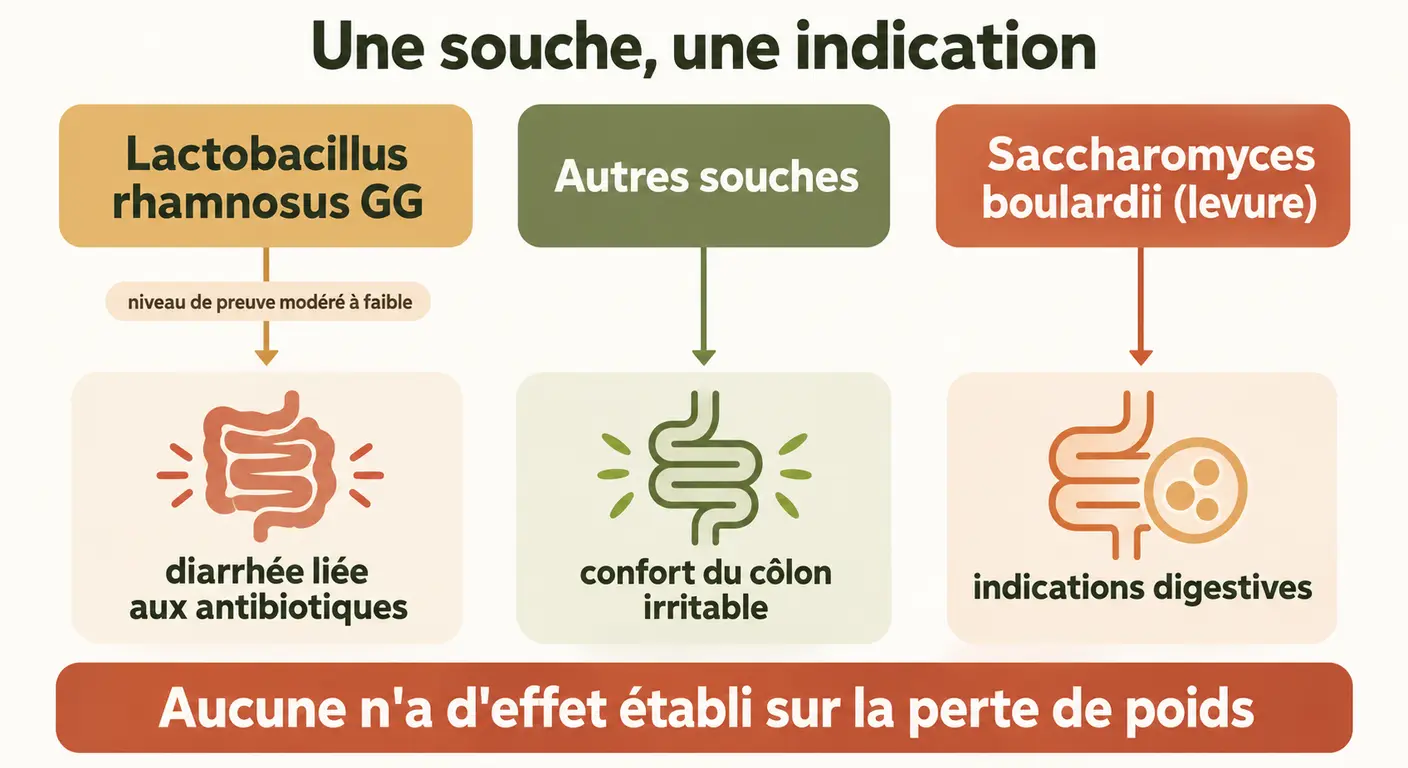 Infographie du principe de spécificité par souche de probiotique et de ses indications étudiées