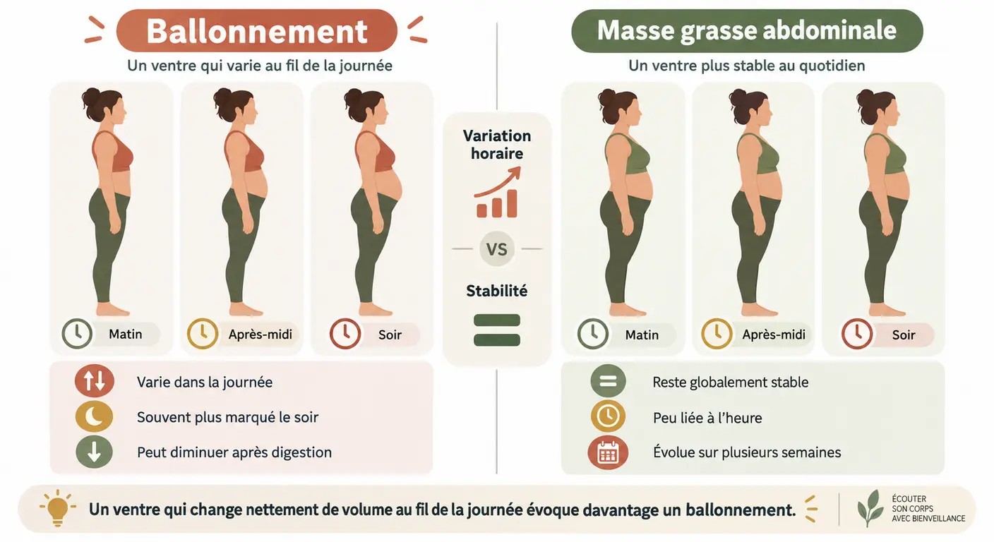 Infographie distinguant un ventre gonflé par la digestion d'une masse grasse abdominale