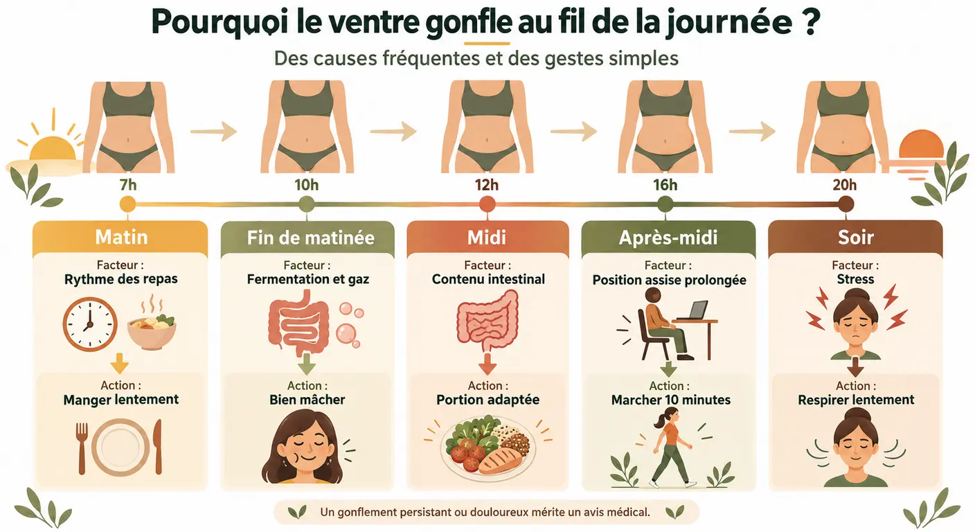 Infographie de la journée expliquant pourquoi le ventre gonfle le soir et pas le matin