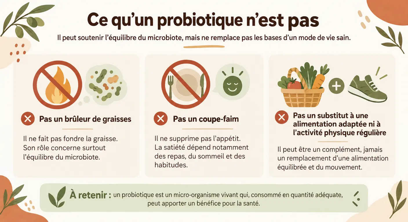 Infographie rappelant que les probiotiques ne sont ni des brûleurs de graisse ni des coupe-faim