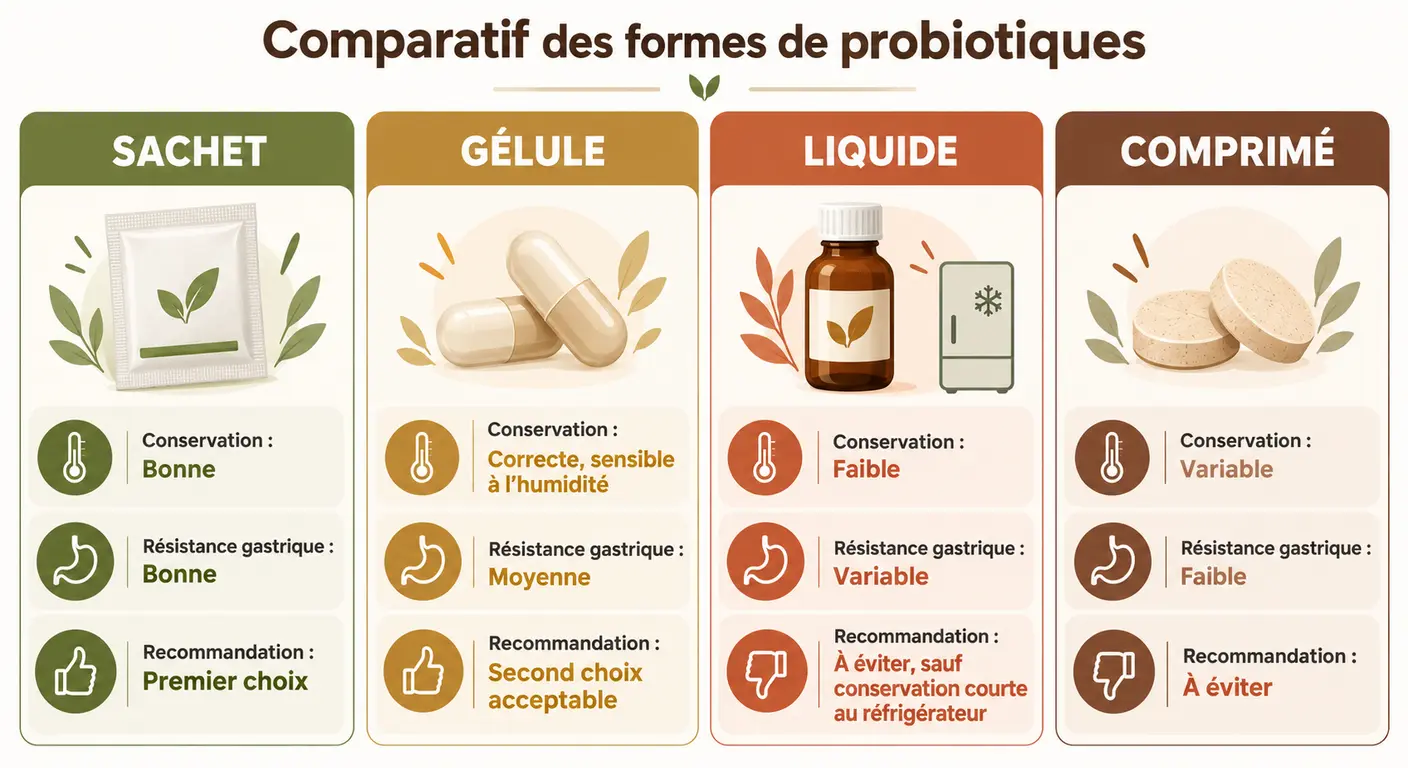 Infographie comparant les formes de compléments probiotiques et leur conservation