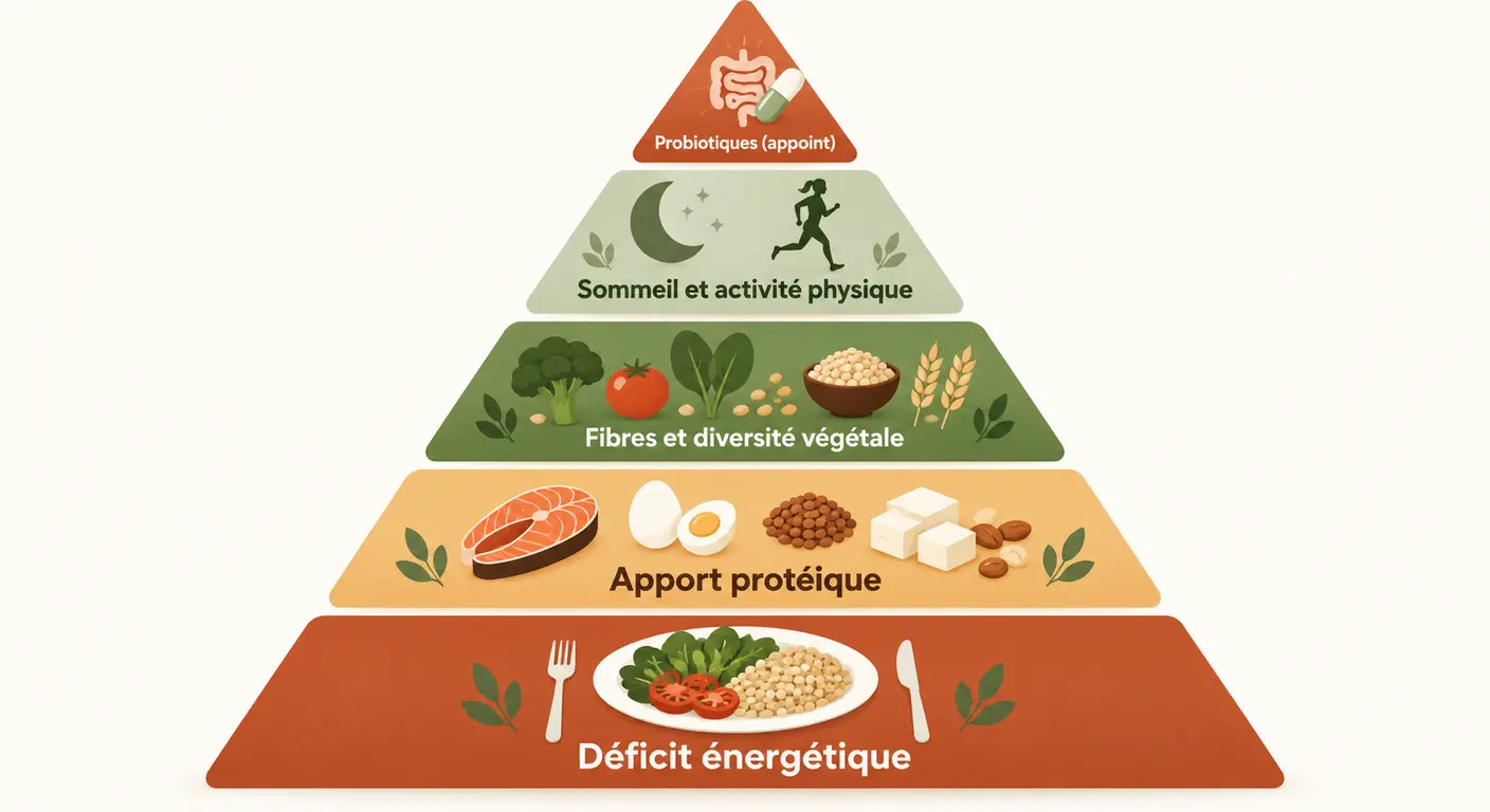 Infographie de la hiérarchie des leviers de perte de poids avec les probiotiques en appoint