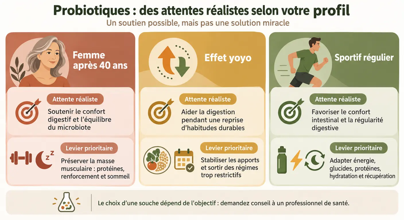 Infographie des attentes réalistes vis-à-vis des probiotiques selon trois profils