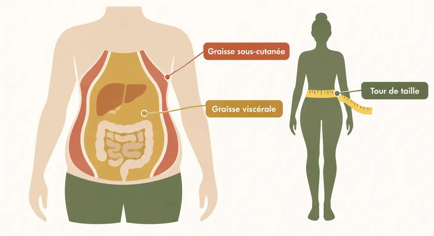 Infographie de la graisse viscérale autour des organes et de sa mesure par le tour de taille