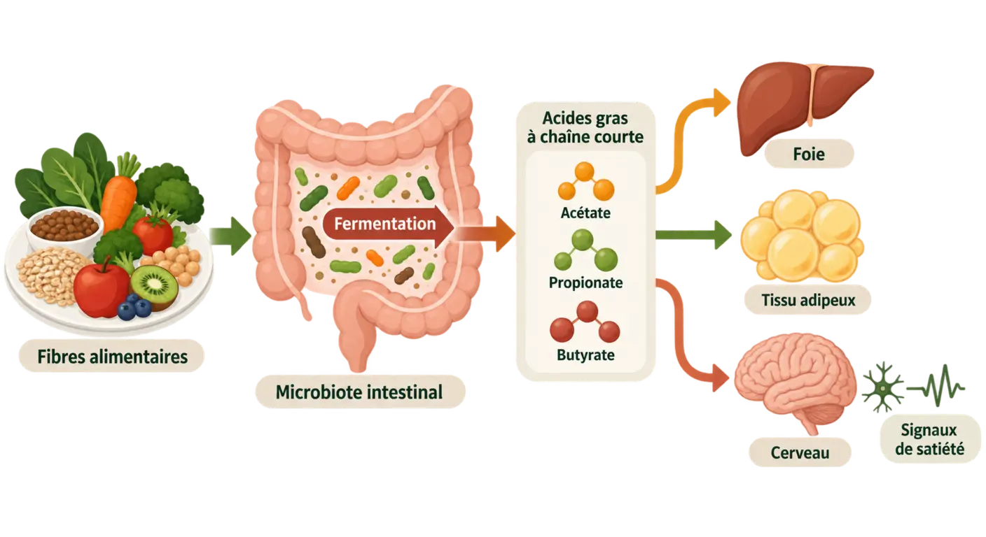 Infographie du dialogue entre microbiote intestinal, foie, tissu adipeux et cerveau