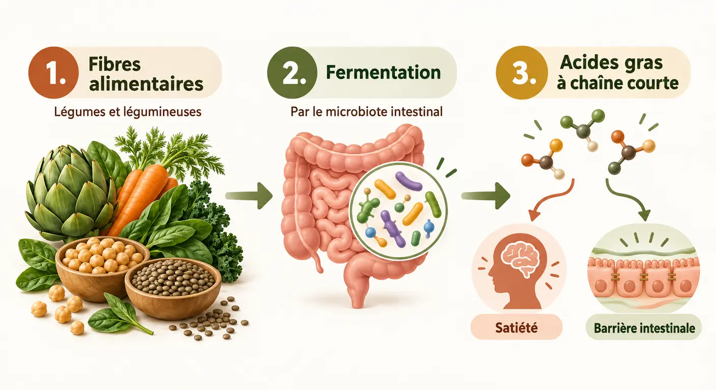Infographie de la fermentation des fibres en acides gras à chaîne courte et des signaux de satiété