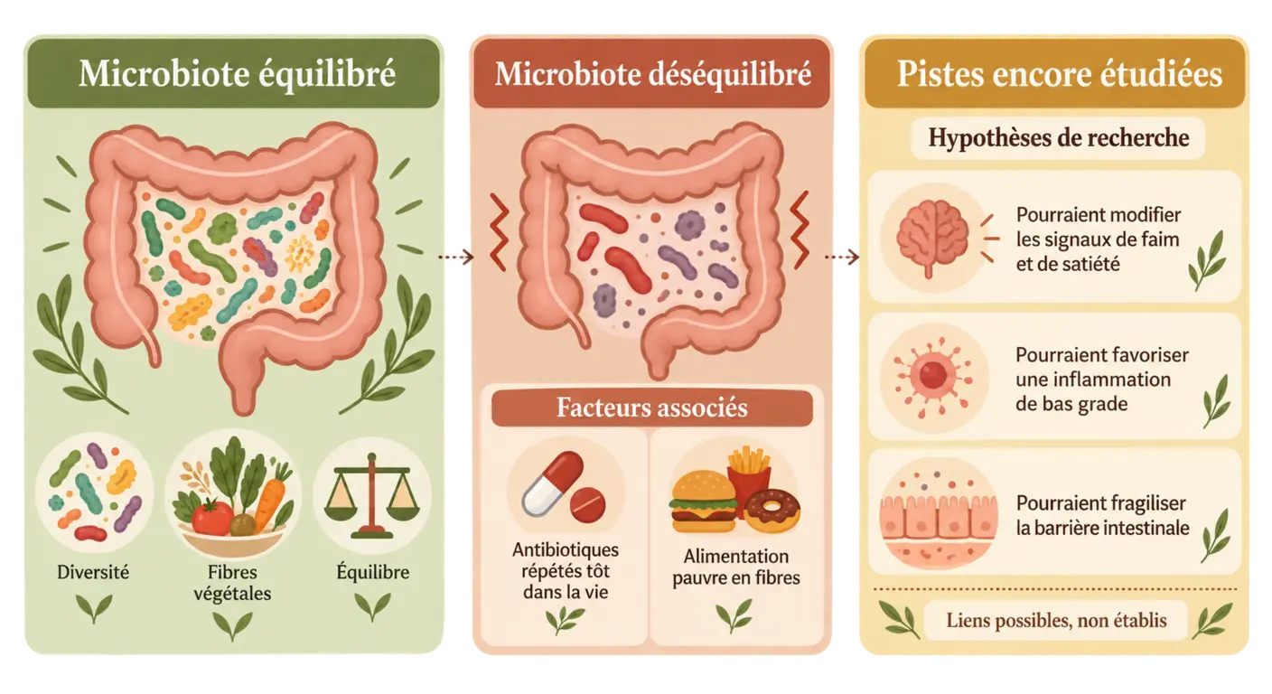 Infographie de la dysbiose intestinale et des hypothèses étudiées sur la faim et la satiété