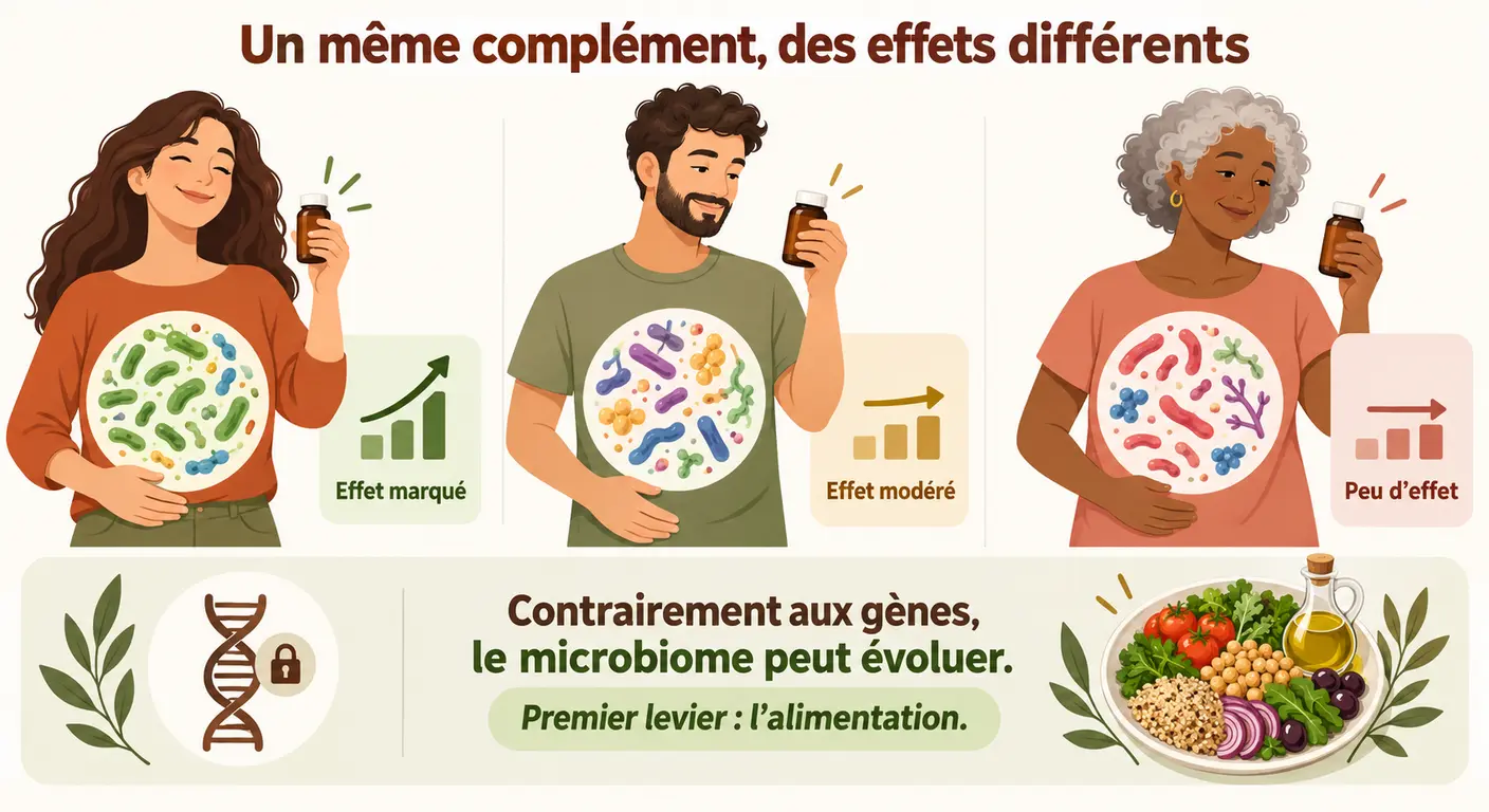 Infographie de la variabilité individuelle du microbiote intestinal et de ses conséquences pratiques