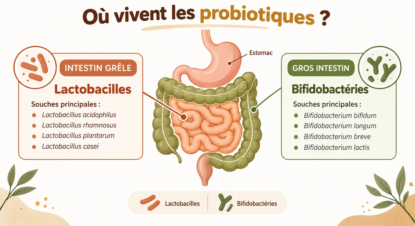 Infographie de la localisation des lactobacilles et des bifidobactéries dans l'intestin