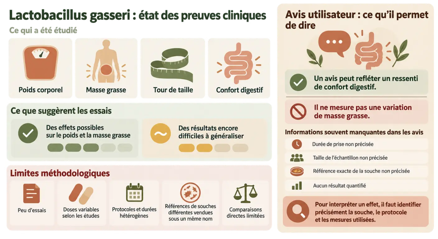 Infographie des données cliniques disponibles sur la souche Lactobacillus gasseri et de leurs limites