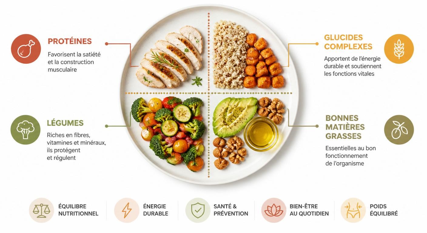Infographie de l'assiette équilibrée d'un programme alimentaire sur un mois