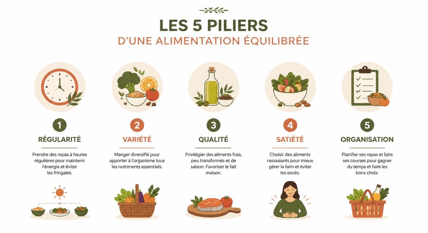 Infographie des 5 piliers d'un programme alimentaire équilibré sur un mois