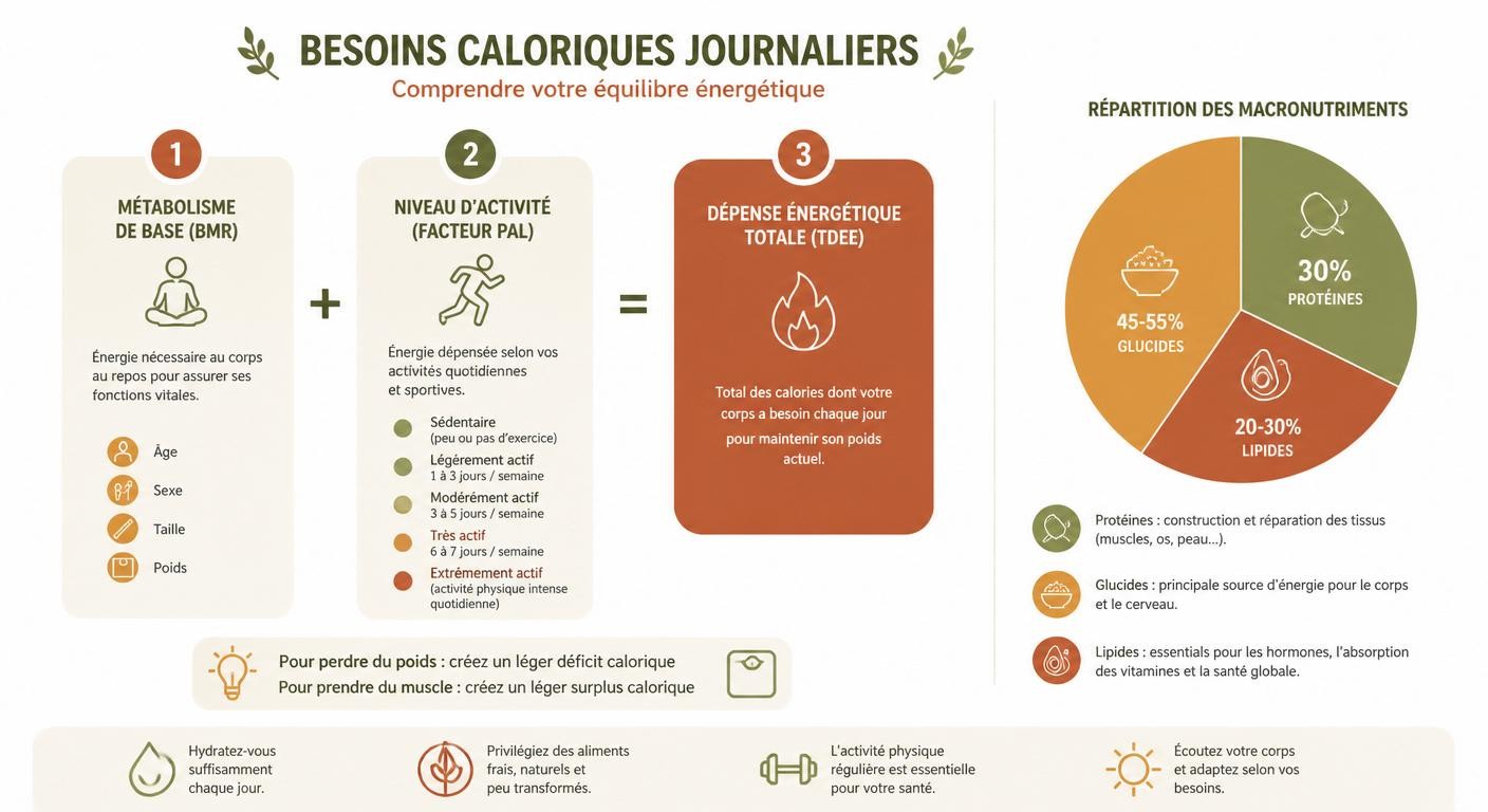Infographie du calcul des besoins caloriques journaliers sur un programme d'un mois