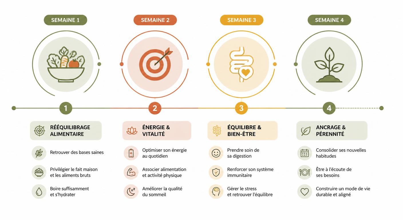 Infographie de la progression d'un menu équilibré sur 4 semaines