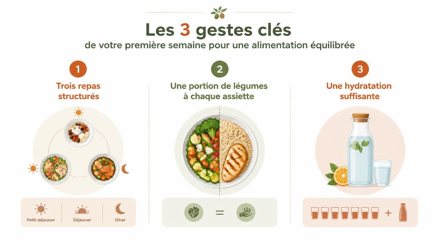 Infographie des repères à installer lors de la première semaine d'un programme alimentaire équilibré
