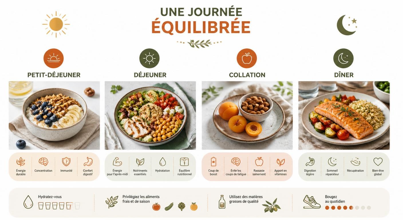 Infographie d'une journée type de repas équilibrés gourmands