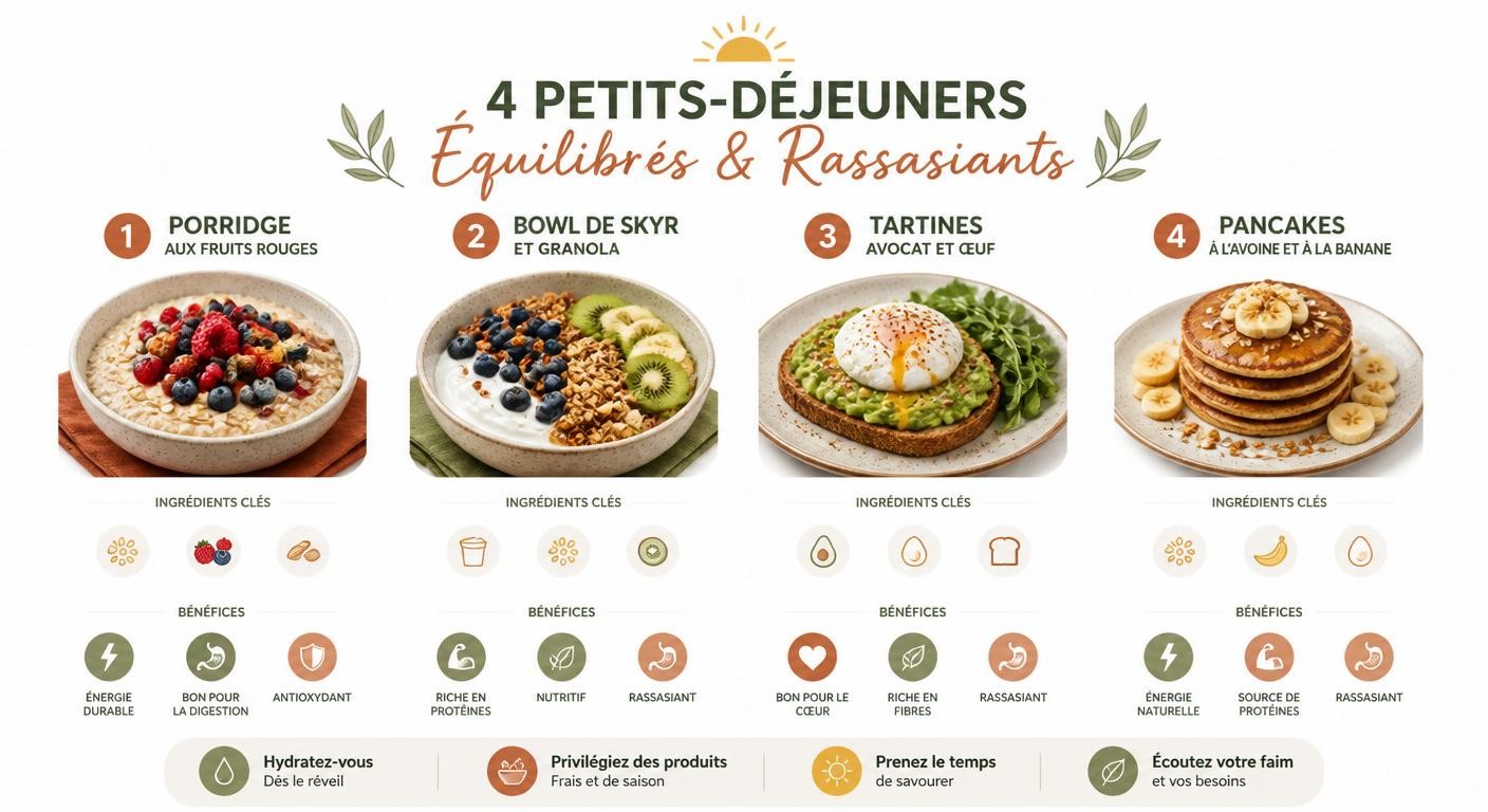 Infographie de quatre petits-déjeuners équilibrés et rassasiants pour un programme sur un mois
