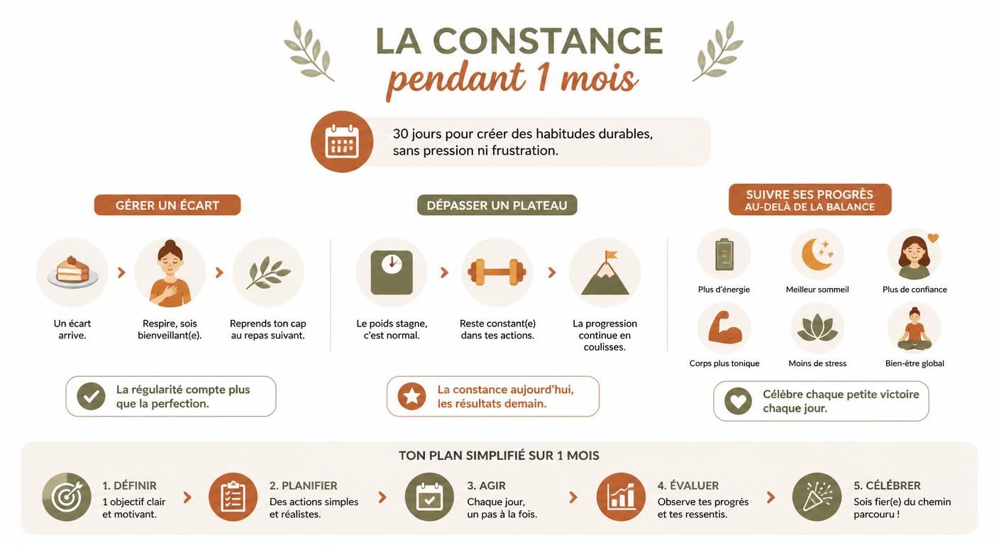 Infographie pour tenir un mois d'alimentation équilibrée sans frustration