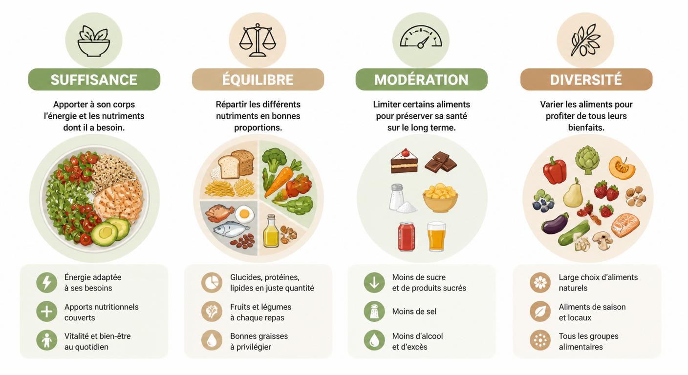 Infographie présentant les quatre piliers d'un programme alimentaire équilibré : suffisance, équilibre, modération et diversité