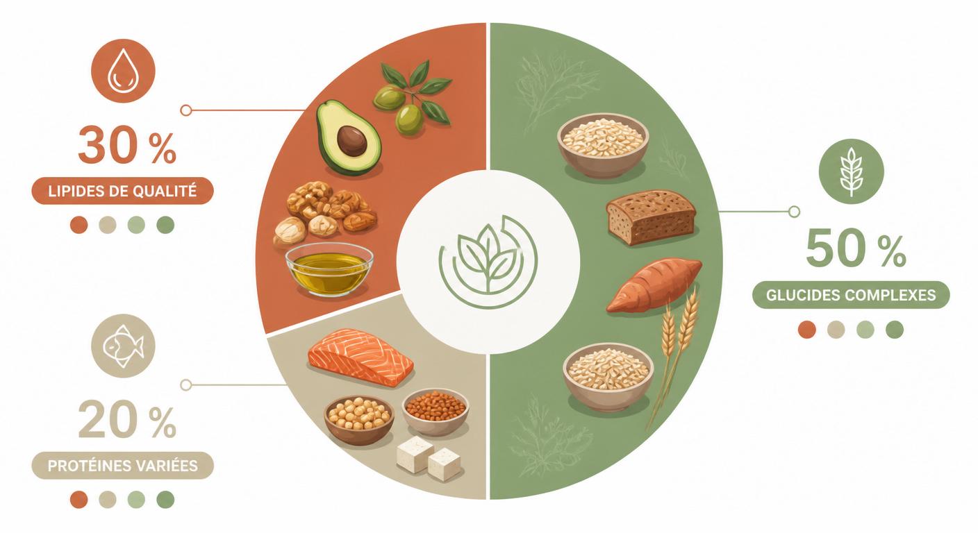 Infographie de répartition des macronutriments d'un programme alimentaire équilibré : glucides, lipides, protéines