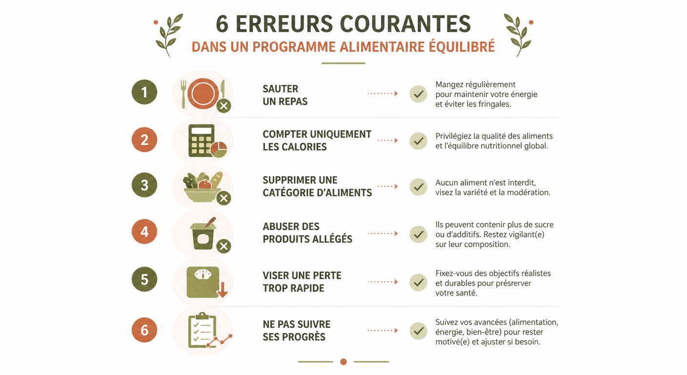 Infographie listant les six erreurs à éviter dans un programme alimentaire équilibré