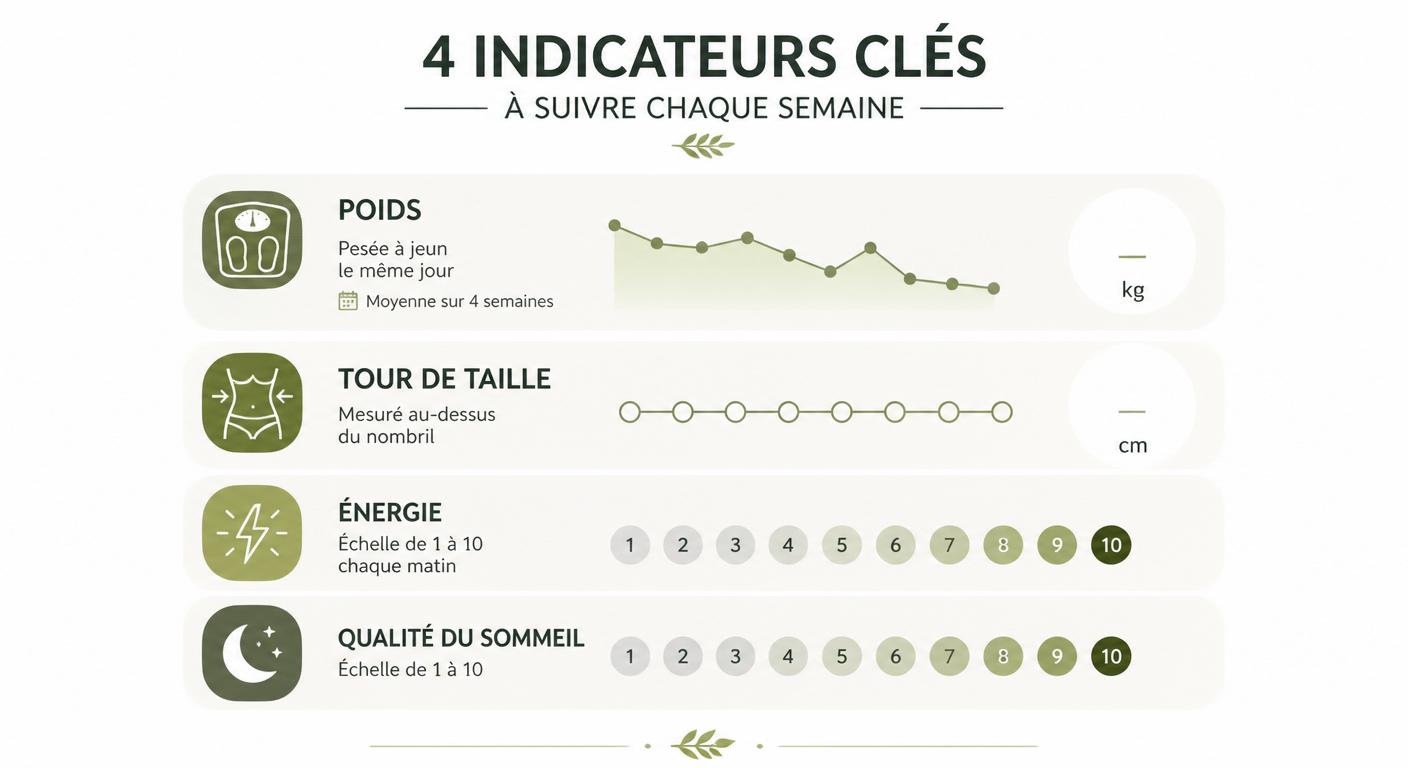 Infographie des 4 indicateurs hebdomadaires pour suivre ses progrès sur un programme alimentaire équilibré