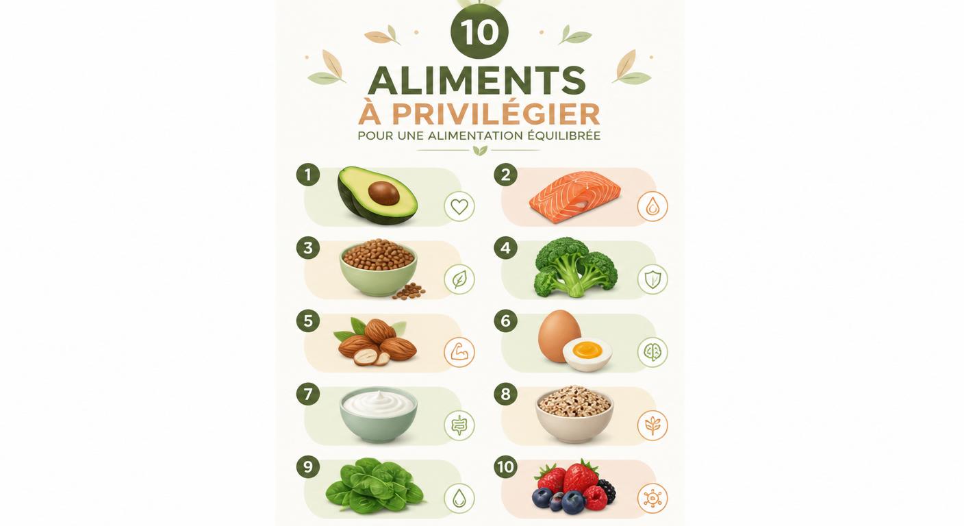 Infographie listant les dix aliments incontournables d'un programme alimentaire équilibré